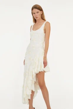Flower Mesh Ruffle Dress White