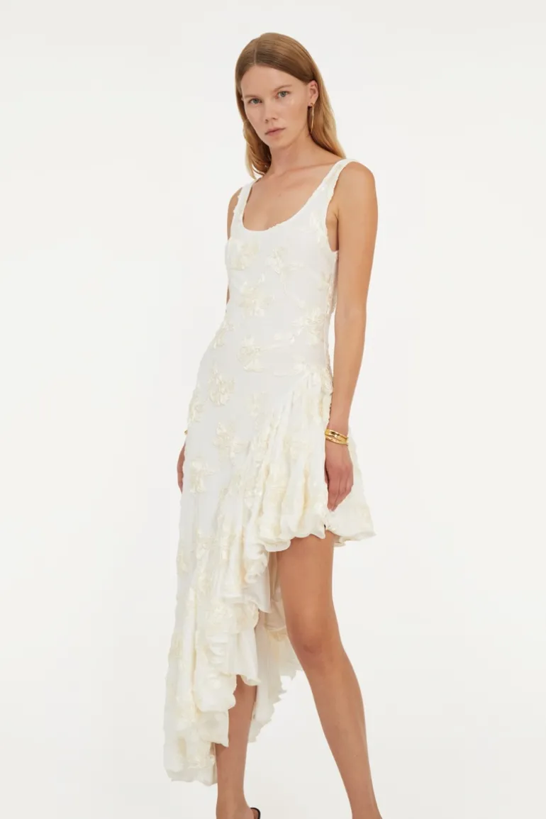 Flower Mesh Ruffle Dress White