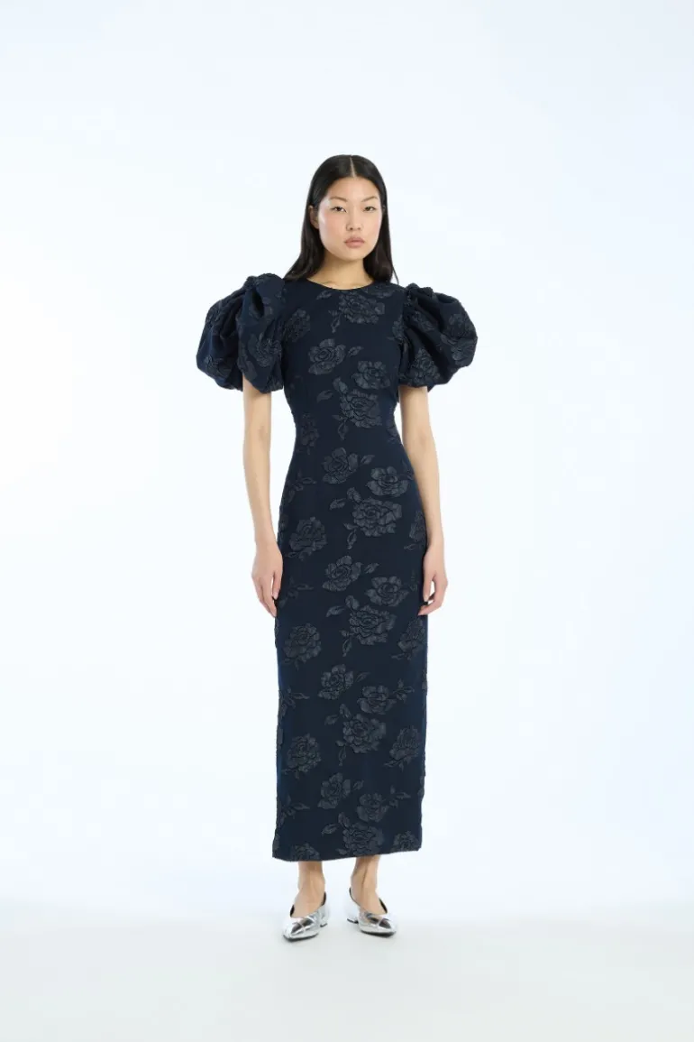Jacquard Midi Puff Dress Dark Blue