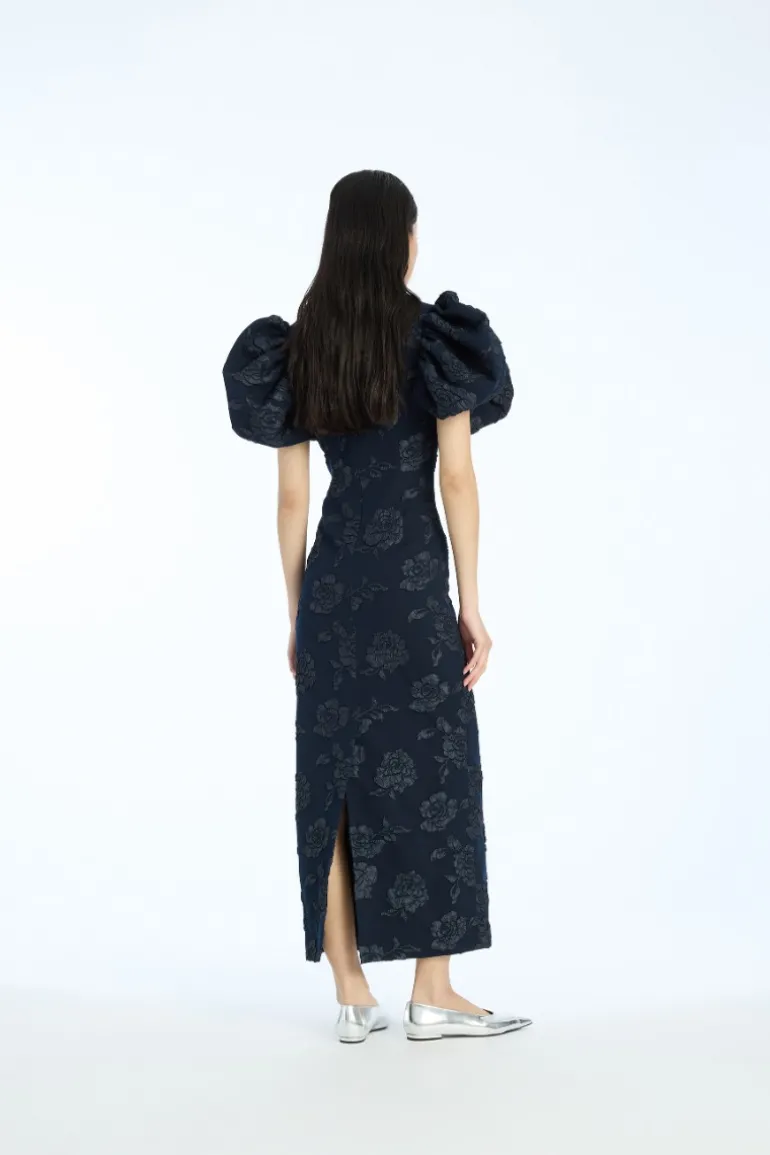 Jacquard Midi Puff Dress Dark Blue