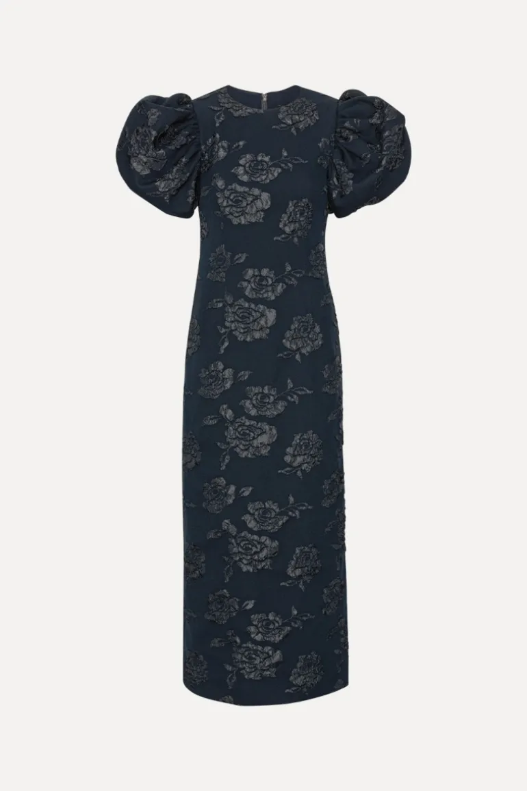 Jacquard Midi Puff Dress Dark Blue