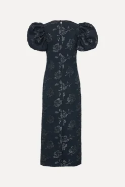 Jacquard Midi Puff Dress Dark Blue
