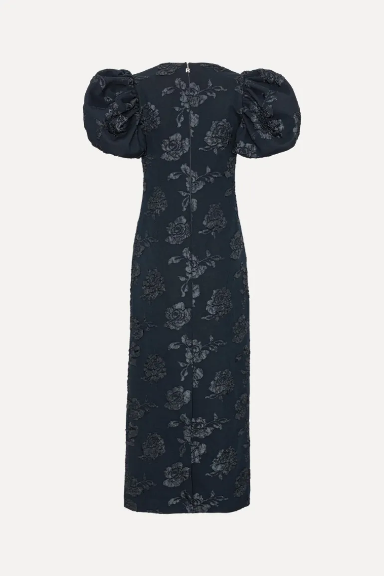 Jacquard Midi Puff Dress Dark Blue