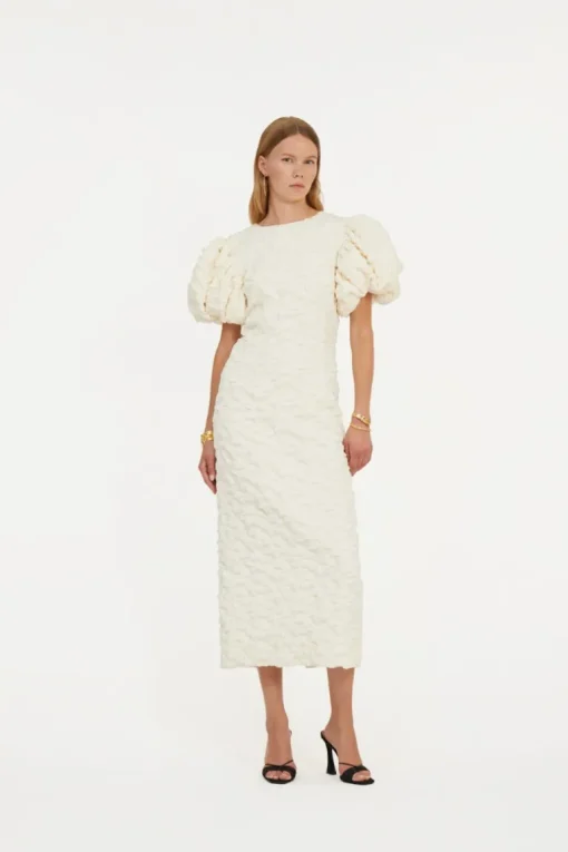 Jacquard Midi Puffy Dress White