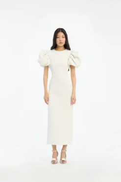 Jacquard Midi Puffy Dress Egret White