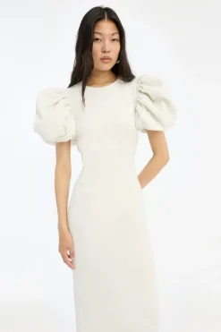 Jacquard Midi Puffy Dress Egret White