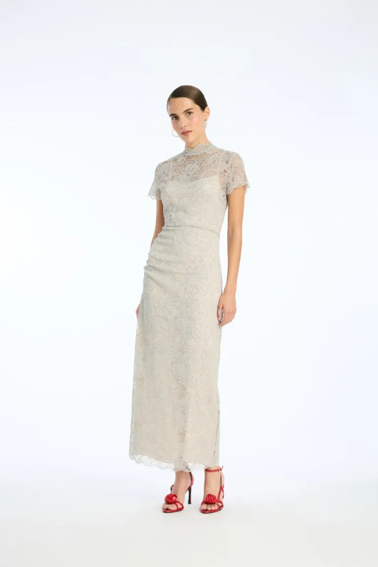 Lace Long Midi Dress Light Grey