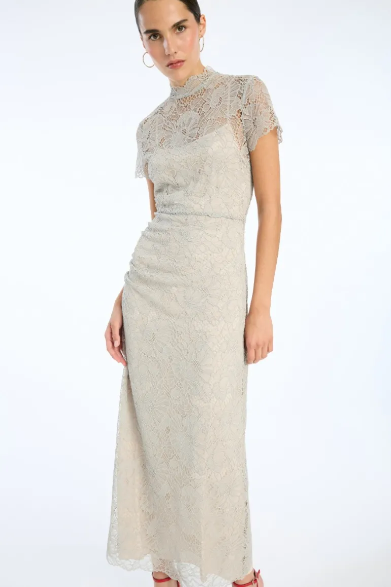 Lace Long Midi Dress Light Grey