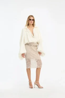 Lace Midi Pencil Skirt Cream