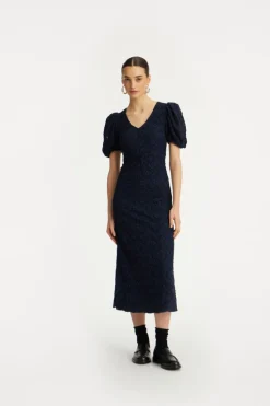 Lace Puff Sleeve Dress Dark Blue