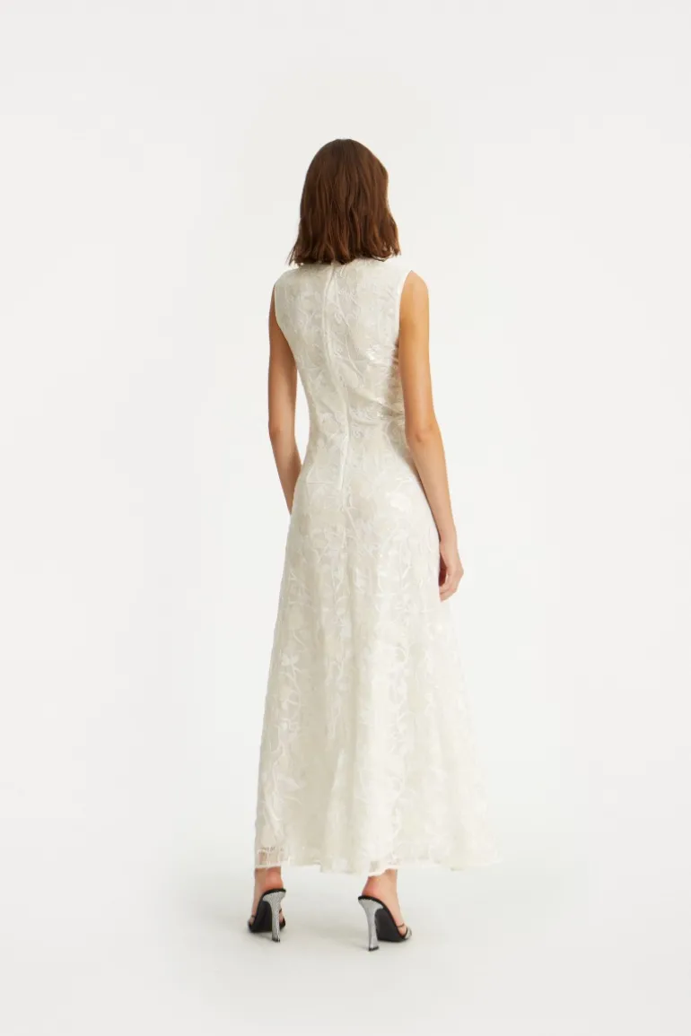 Lace Sequin Maxi Dress Creme White