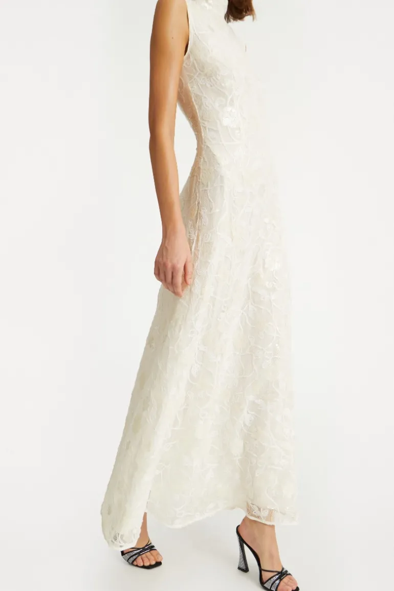 Lace Sequin Maxi Dress Creme White