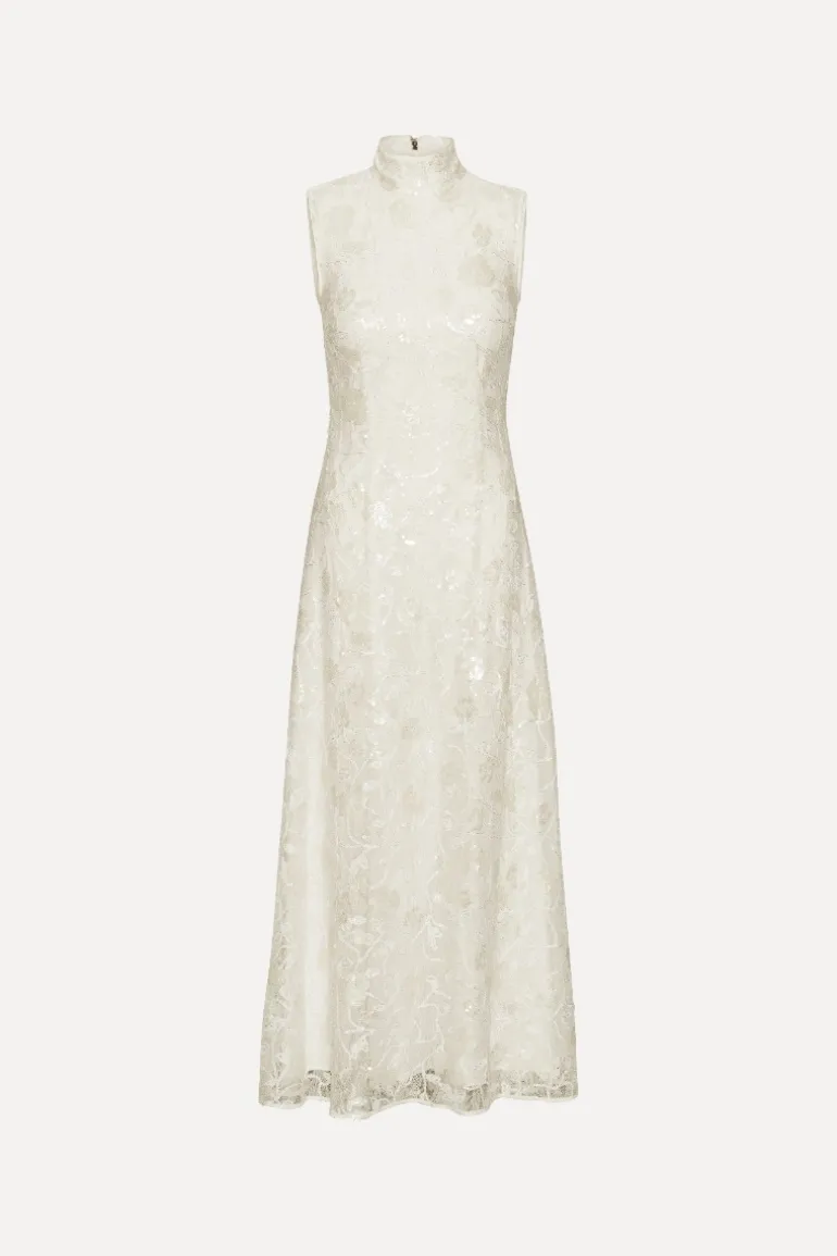 Lace Sequin Maxi Dress Creme White