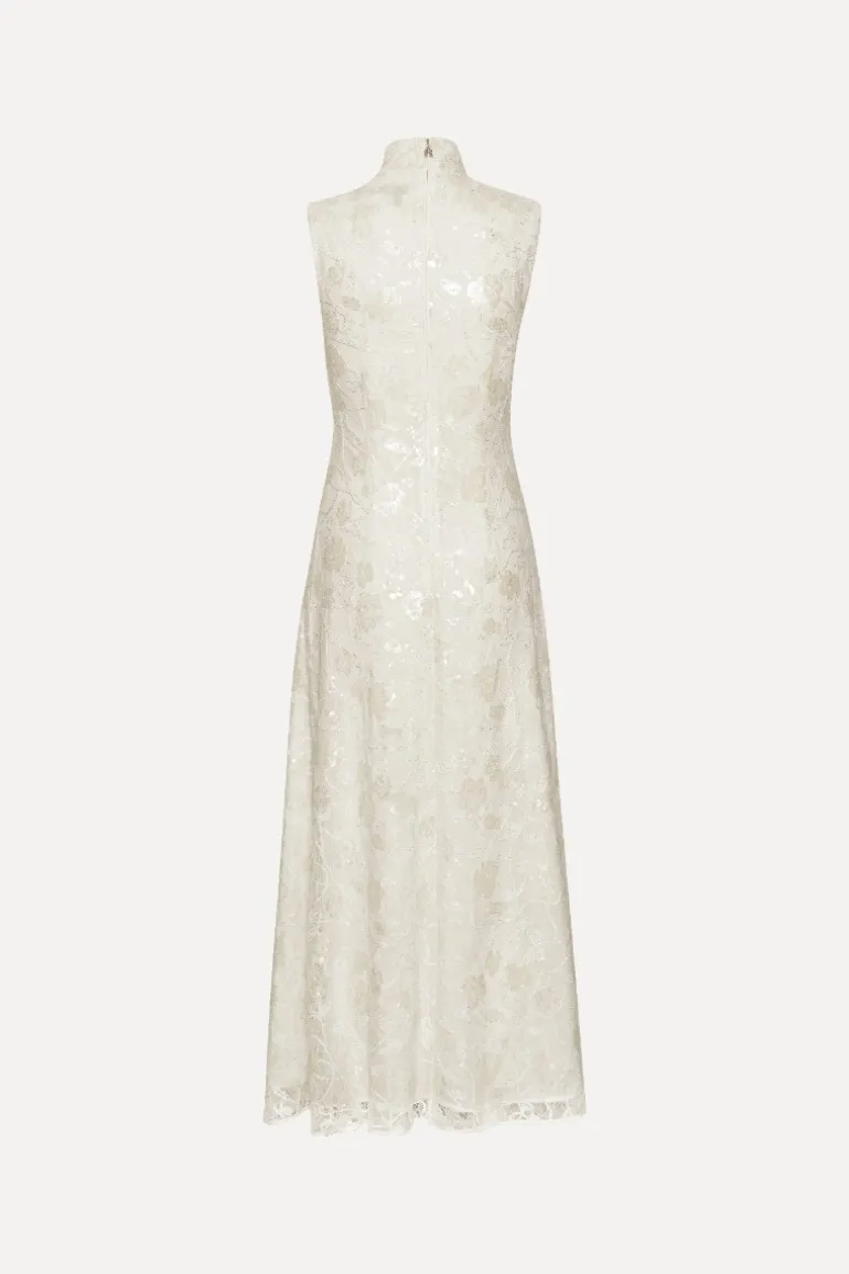 Lace Sequin Maxi Dress Creme White