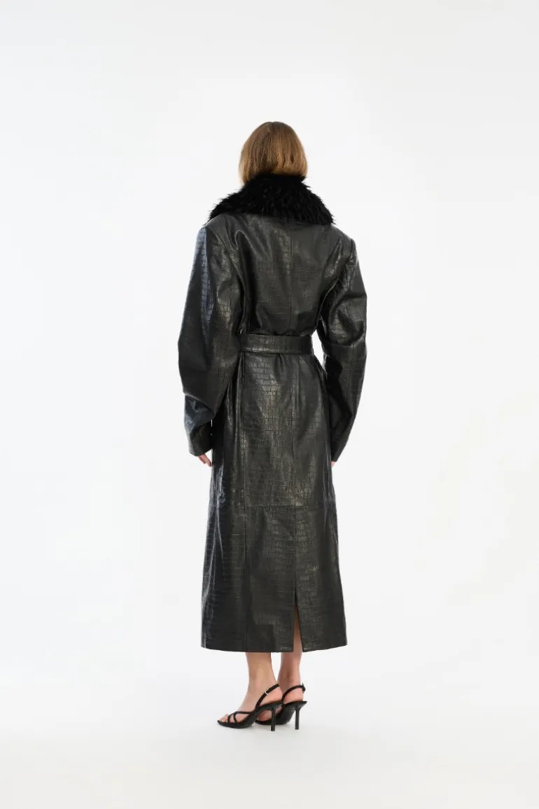 Leather Coat Faux Fur Collar Black