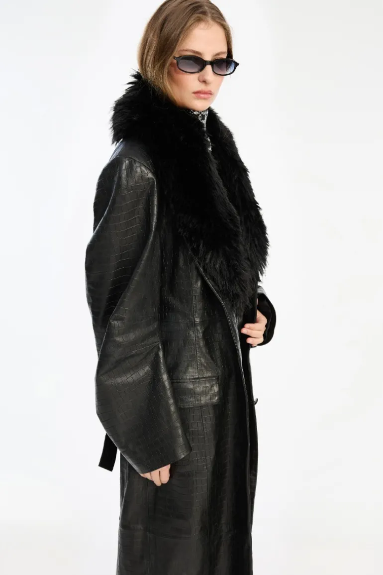 Leather Coat Faux Fur Collar Black