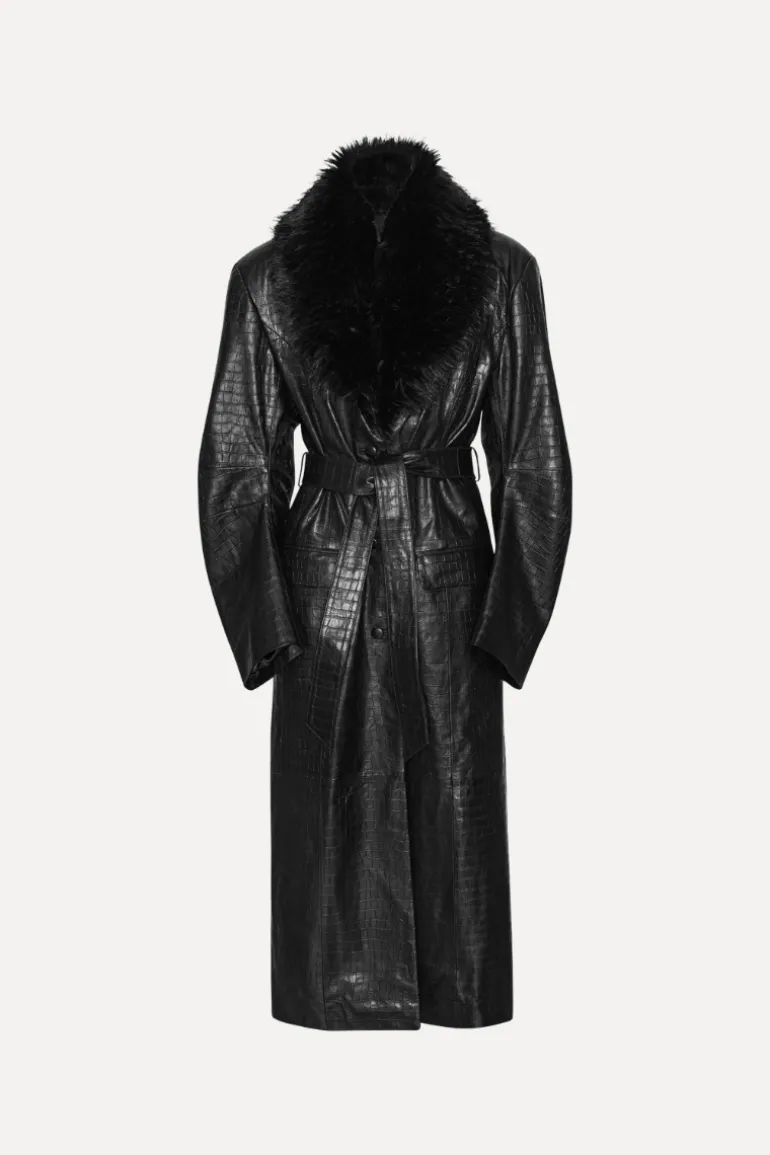 Leather Coat Faux Fur Collar Black