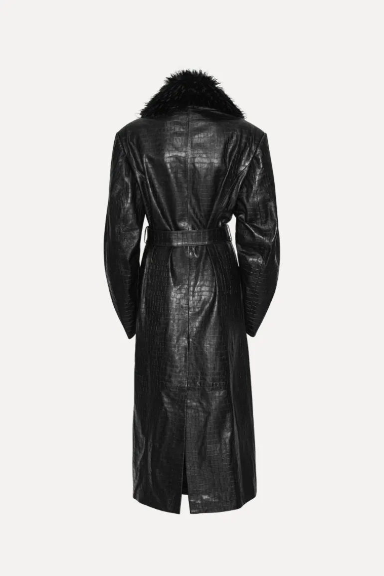 Leather Coat Faux Fur Collar Black