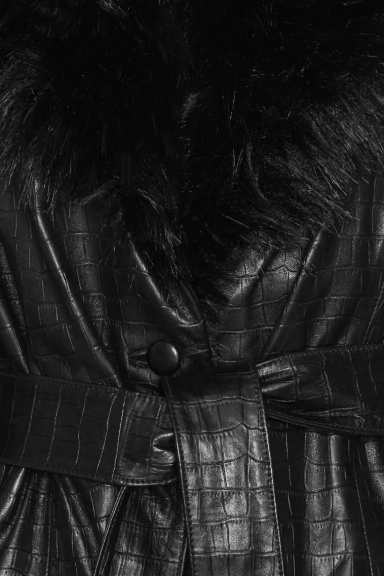 Leather Coat Faux Fur Collar Black