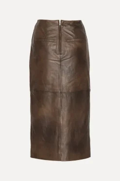 Leather Midi Pencil Skirt Dark Brown