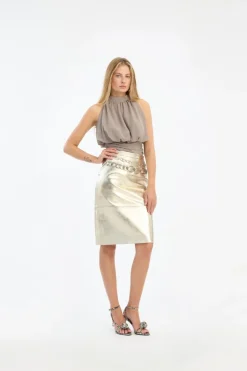 Leather Midi Pencil Skirt Gold
