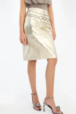 Leather Midi Pencil Skirt Gold