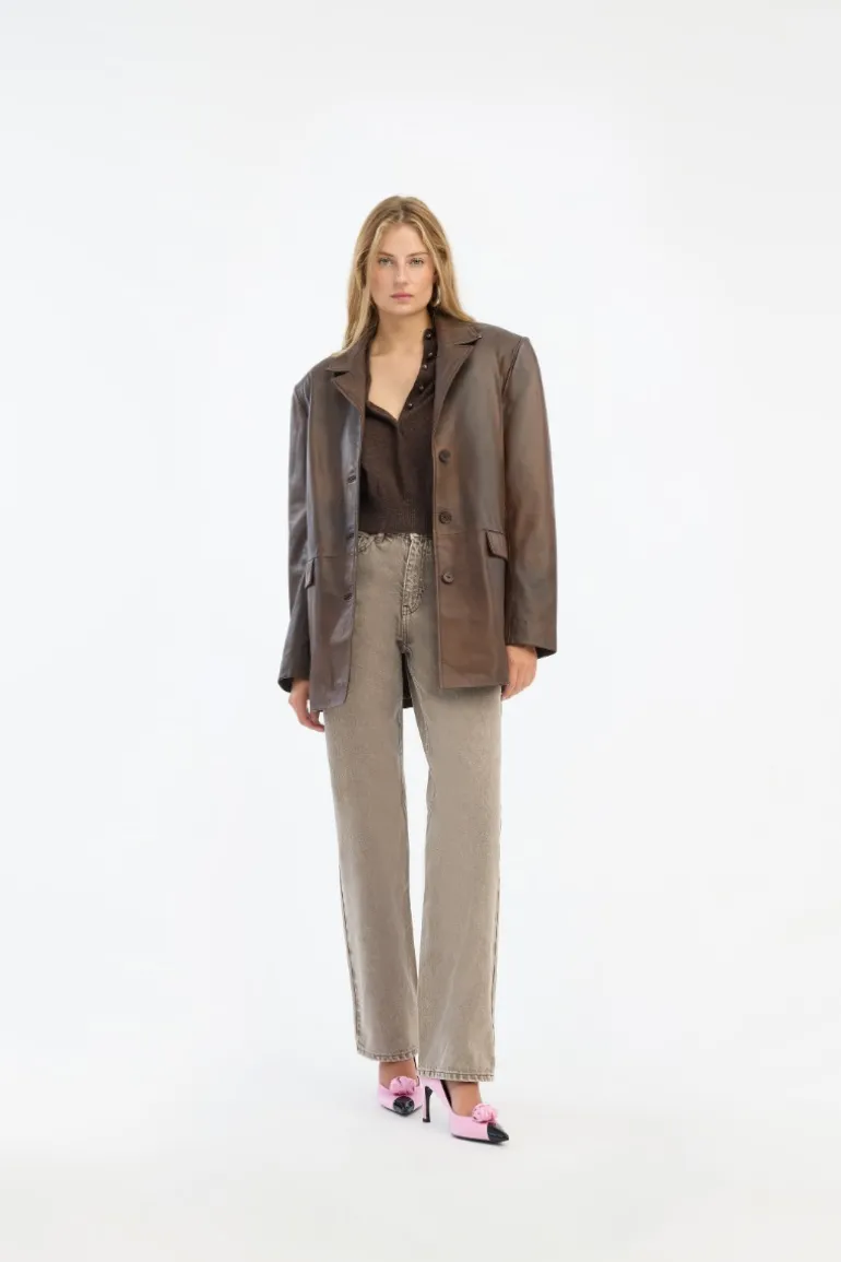 Leather Oversized Blazer Dark Brown