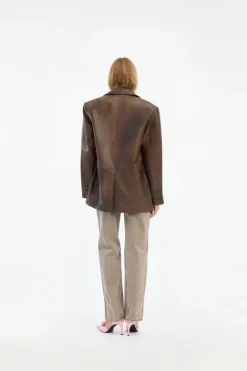 Leather Oversized Blazer Dark Brown