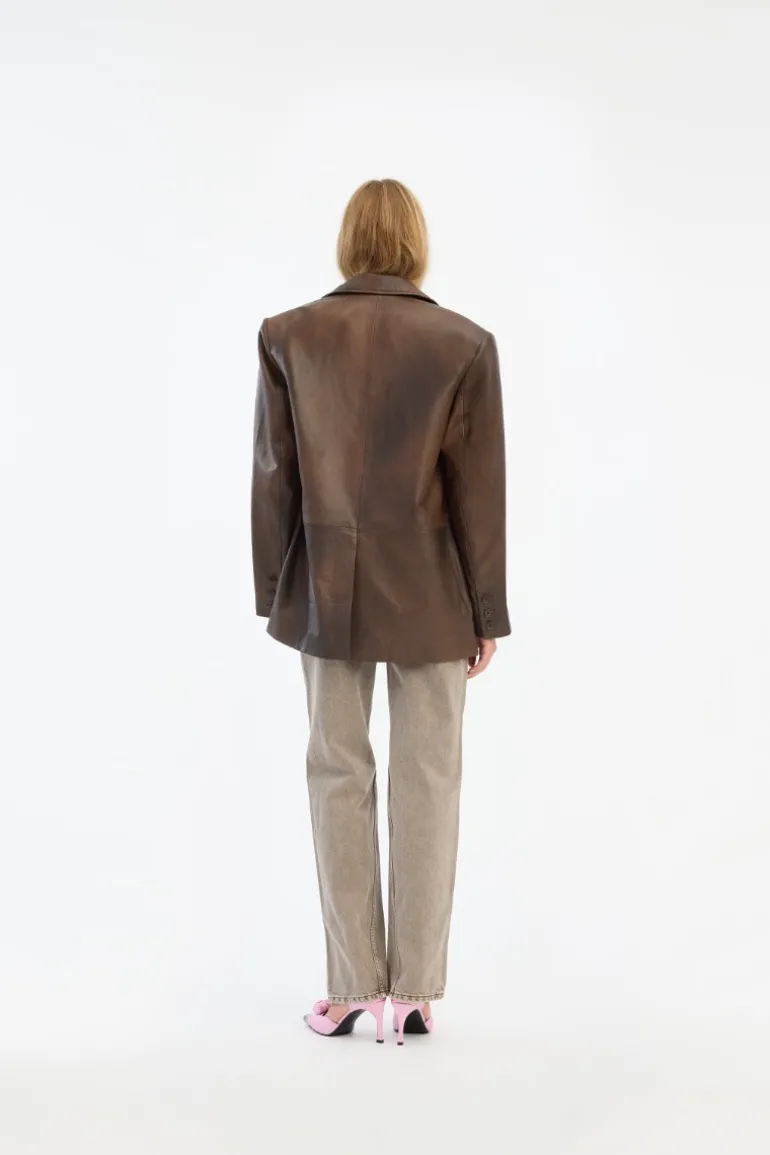Leather Oversized Blazer Dark Brown