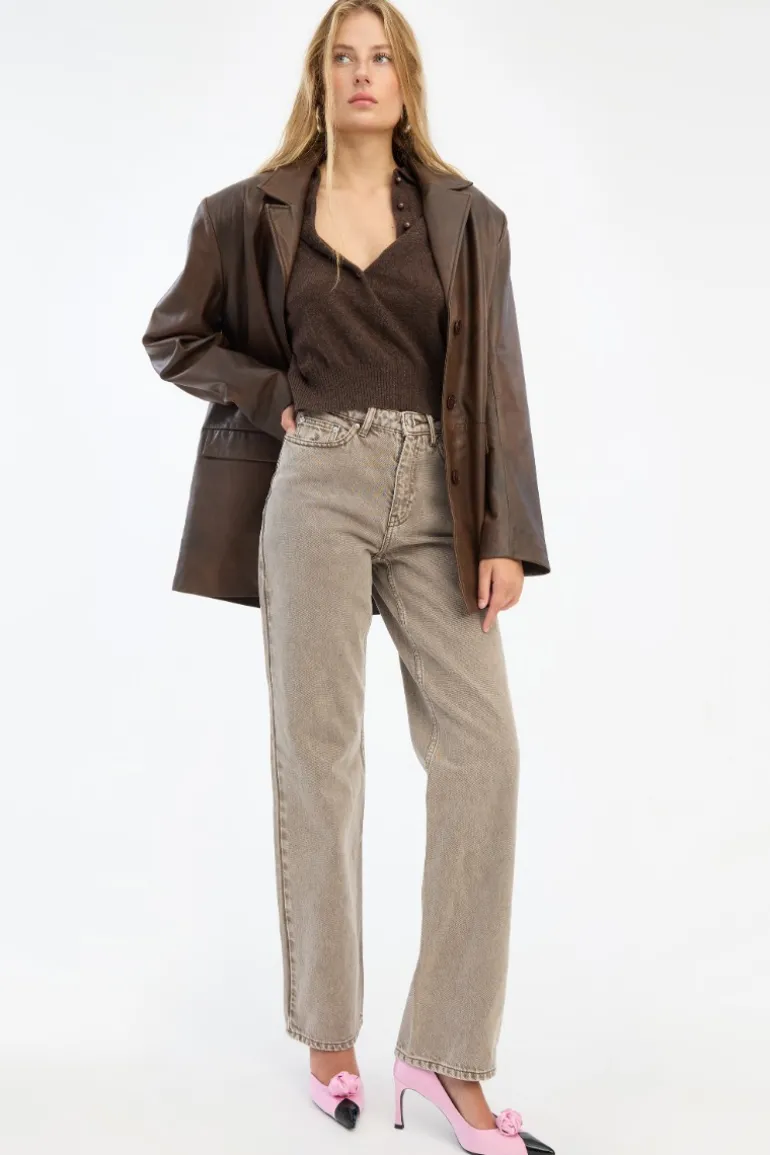 Leather Oversized Blazer Dark Brown