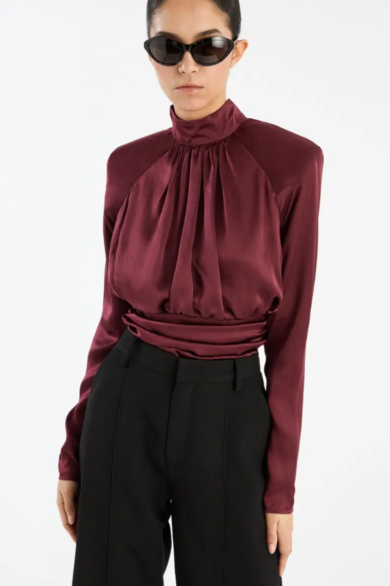 Ls Ruched Silk Top Burgundy