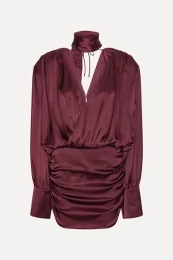 Ls Silk V-neck Dress Burgundy