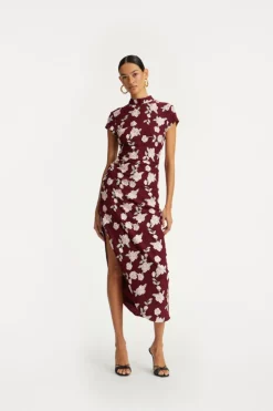Mesh Asymmetric Dress Bordeaux Flower Print