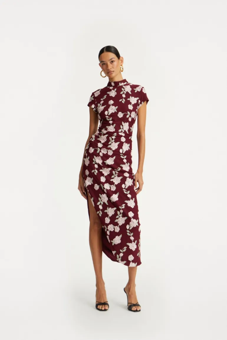 Mesh Asymmetric Dress Bordeaux Flower Print