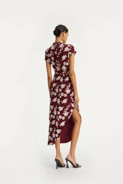 Mesh Asymmetric Dress Bordeaux Flower Print