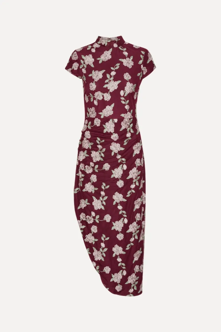Mesh Asymmetric Dress Bordeaux Flower Print