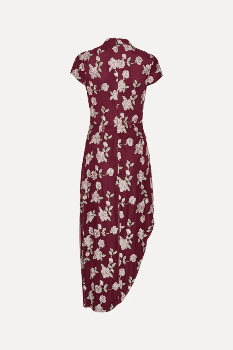 Mesh Asymmetric Dress Bordeaux Flower Print