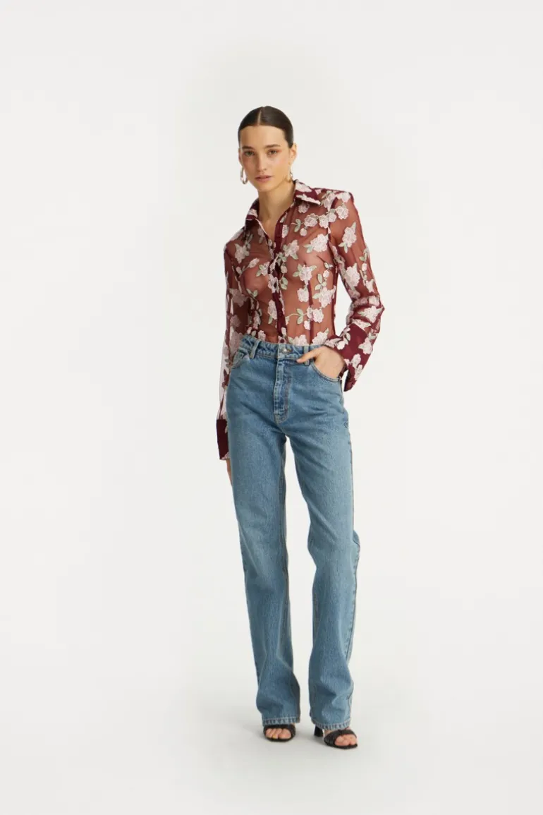 Mesh Fitted Shirt Bordeaux Flower Print