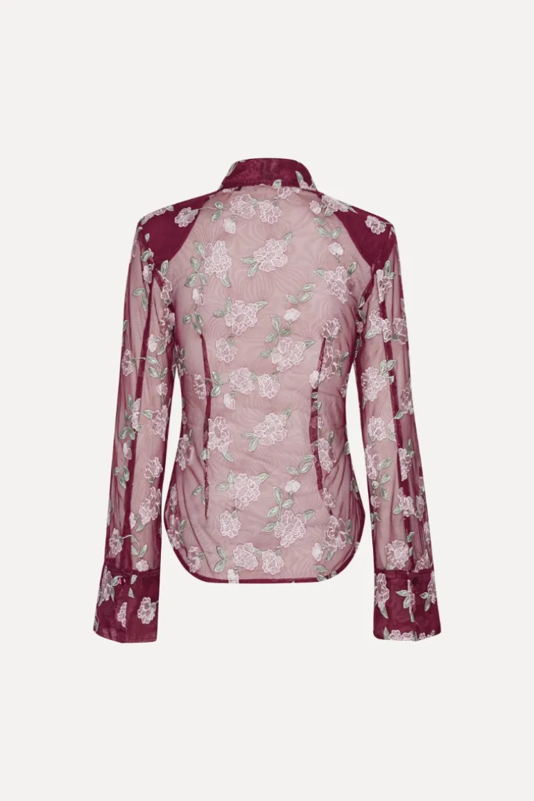 Mesh Fitted Shirt Bordeaux Flower Print