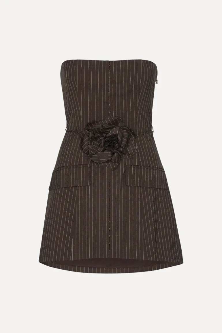 Pinstripe Belted Long Top Dark Brown