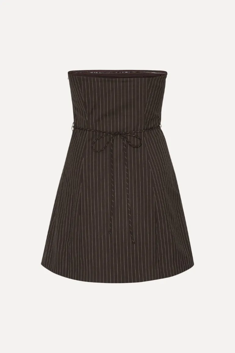 Pinstripe Belted Long Top Dark Brown