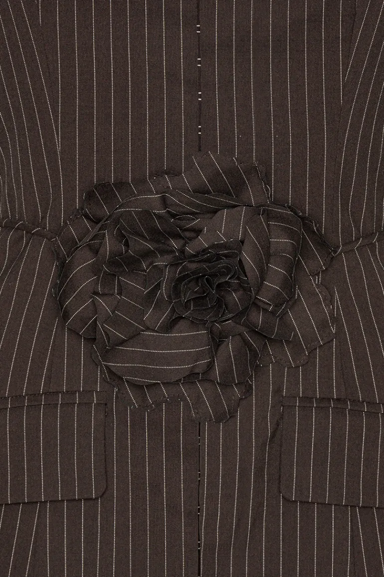 Pinstripe Belted Long Top Dark Brown