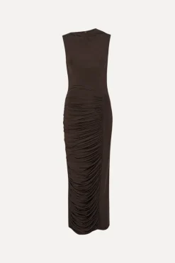 Ruched Midi Dress Dark Brown