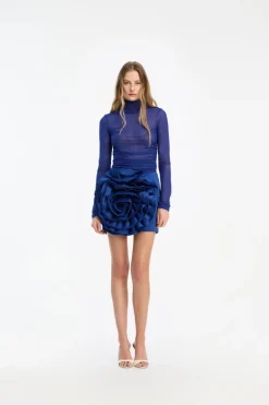 Satin Big Flower Skirt Dark Blue