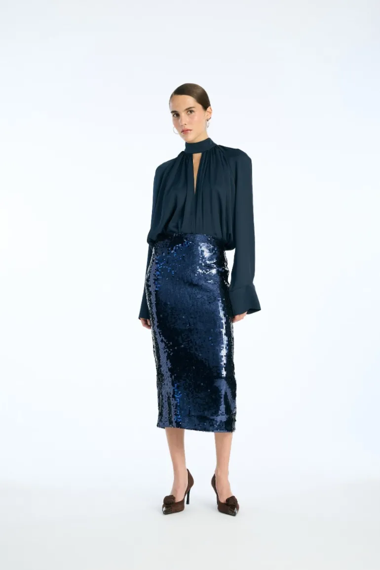 Satin Bow Shirt Dark Blue