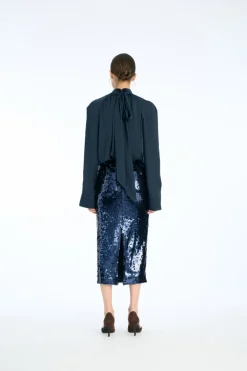 Satin Bow Shirt Dark Blue