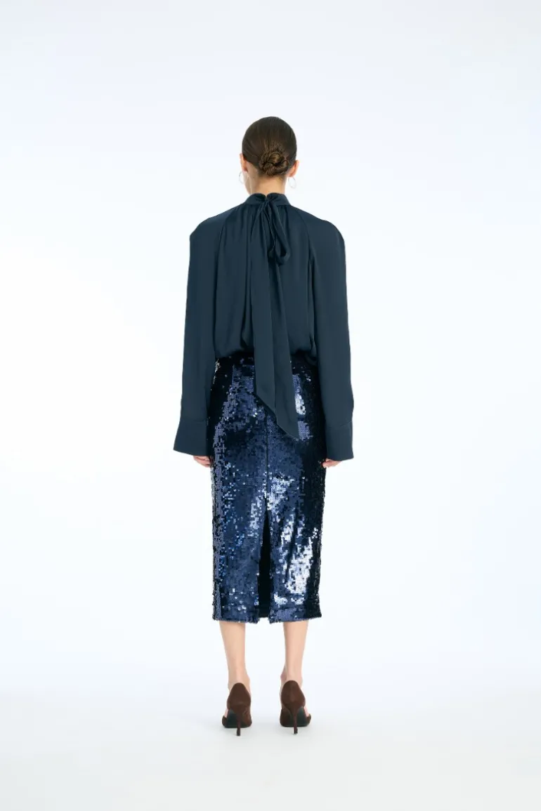 Satin Bow Shirt Dark Blue