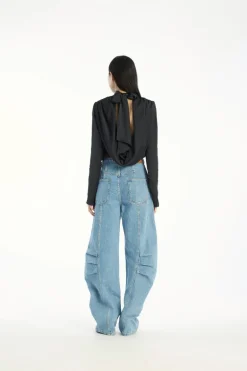 Satin Drapy Back Top Black