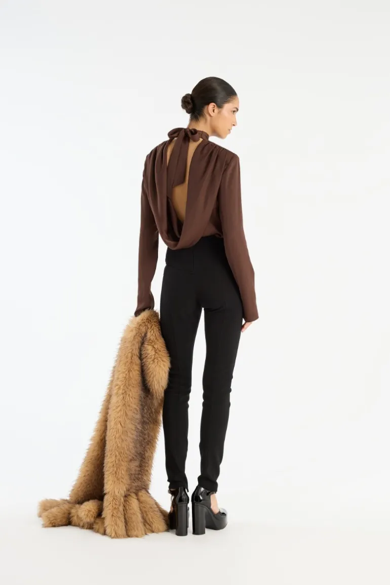 Satin Drapy Back Top Dark Brown