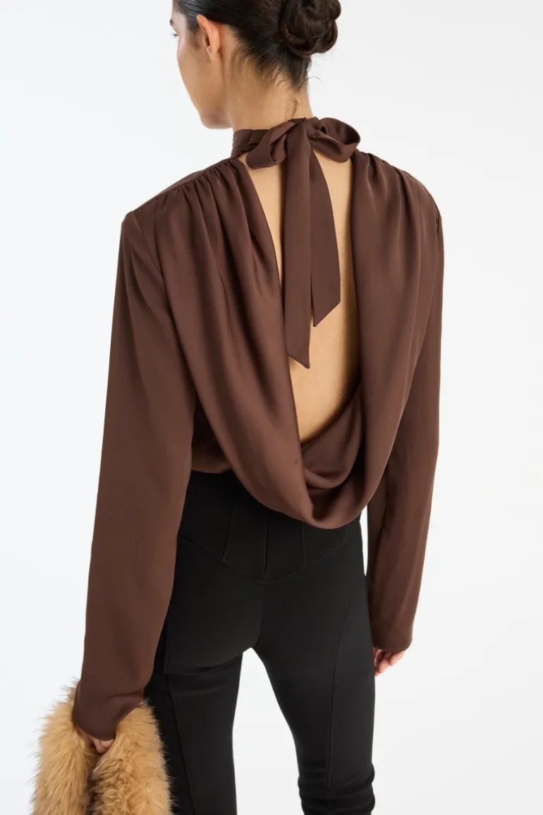 Satin Drapy Back Top Dark Brown